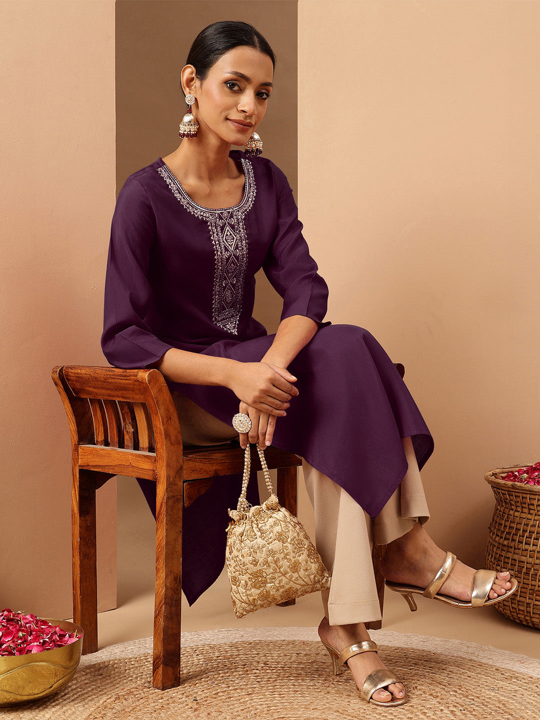 Janasya Women's Wine Chanderi Silk Zari Yoke Embroidered Straight Kurta