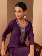 Janasya Women's Wine Chanderi Silk Zari Yoke Embroidered Straight Kurta