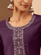 Janasya Women's Wine Chanderi Silk Zari Yoke Embroidered Straight Kurta