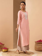 Janasya Women's Soft Pink Chanderi Silk Zari Embroidered Straight Kurta