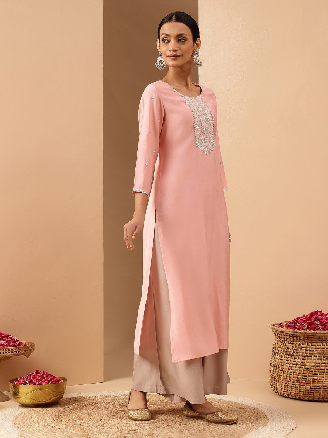 Janasya Women's Soft Pink Chanderi Silk Zari Embroidered Straight Kurta