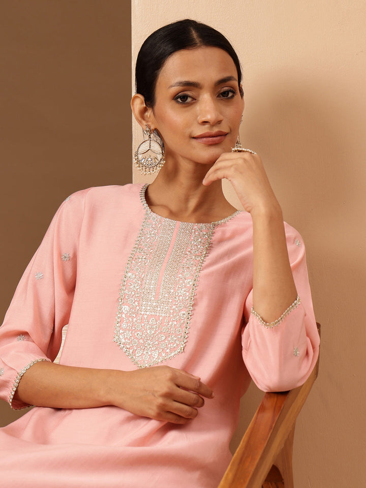 Janasya Women's Soft Pink Chanderi Silk Zari Embroidered Straight Kurta - qivii
