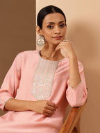 Janasya Women's Soft Pink Chanderi Silk Zari Embroidered Straight Kurta