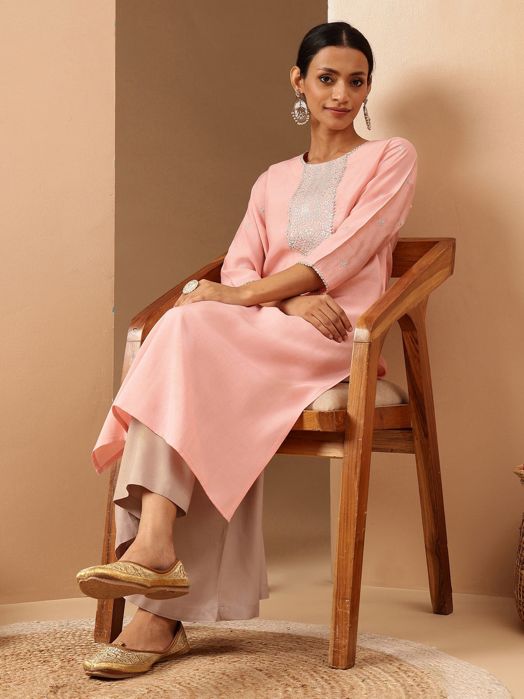 Janasya Women's Soft Pink Chanderi Silk Zari Embroidered Straight Kurta