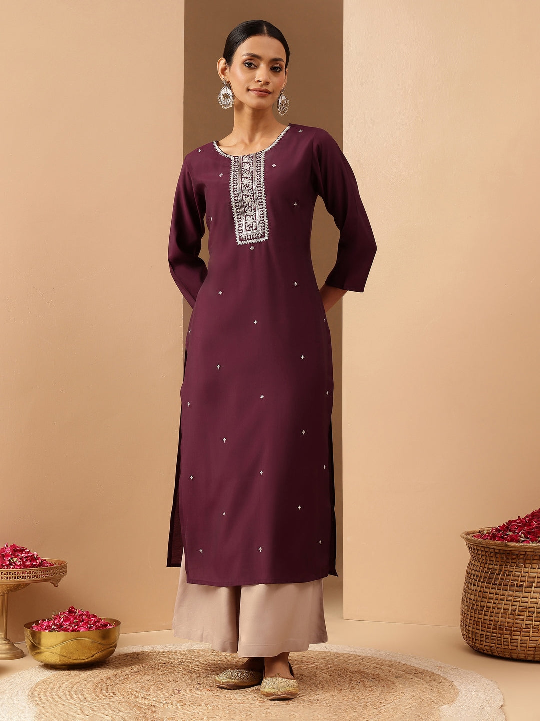 Janasya Women's Wine Chanderi Silk Embroidered Straight Kurta