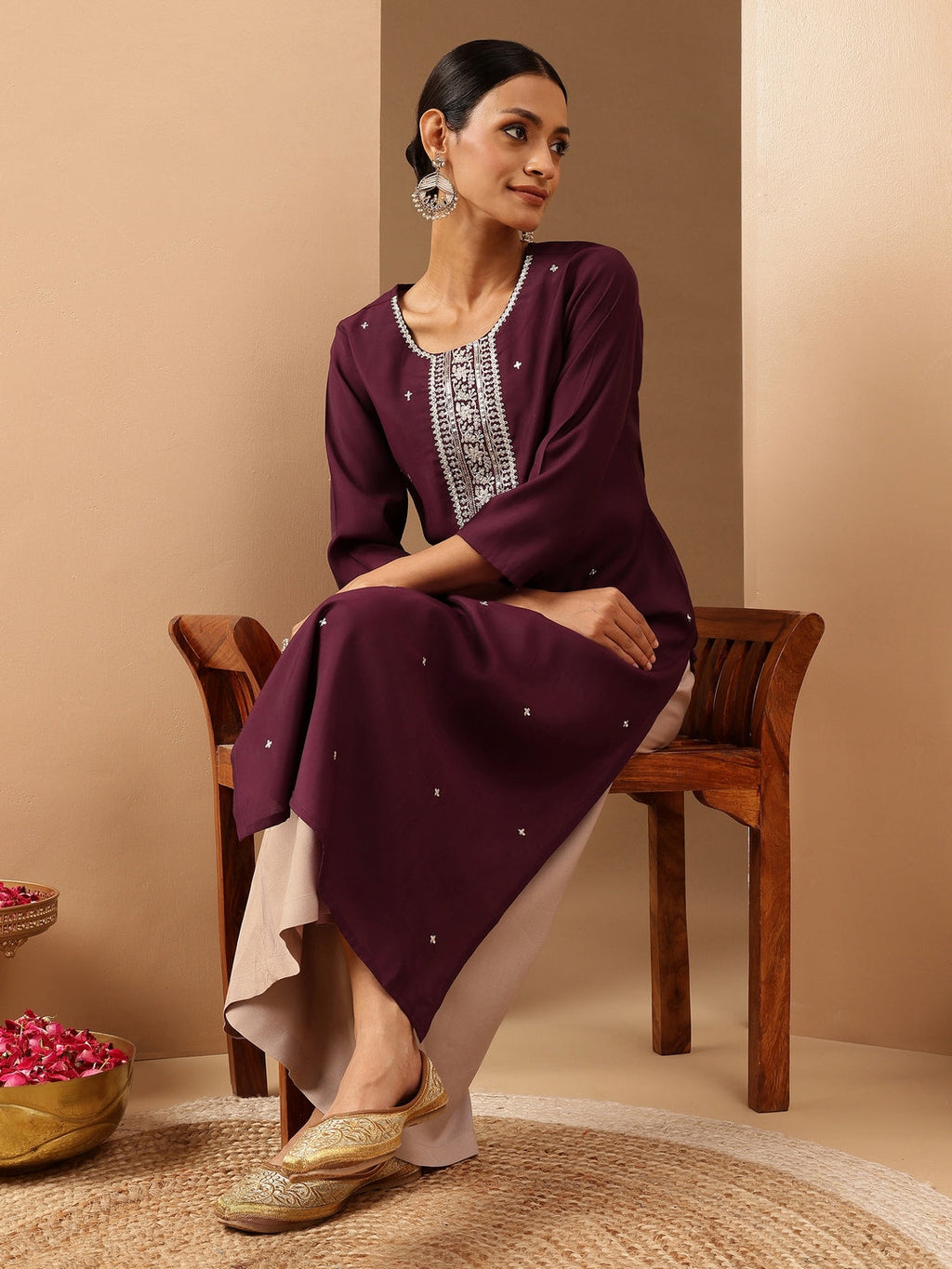 Janasya Women's Wine Chanderi Silk Embroidered Straight Kurta