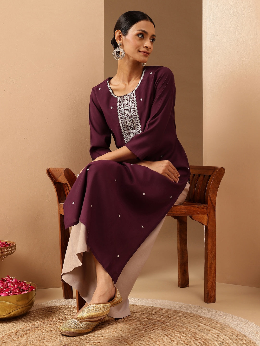 Janasya Women's Wine Chanderi Silk Embroidered Straight Kurta