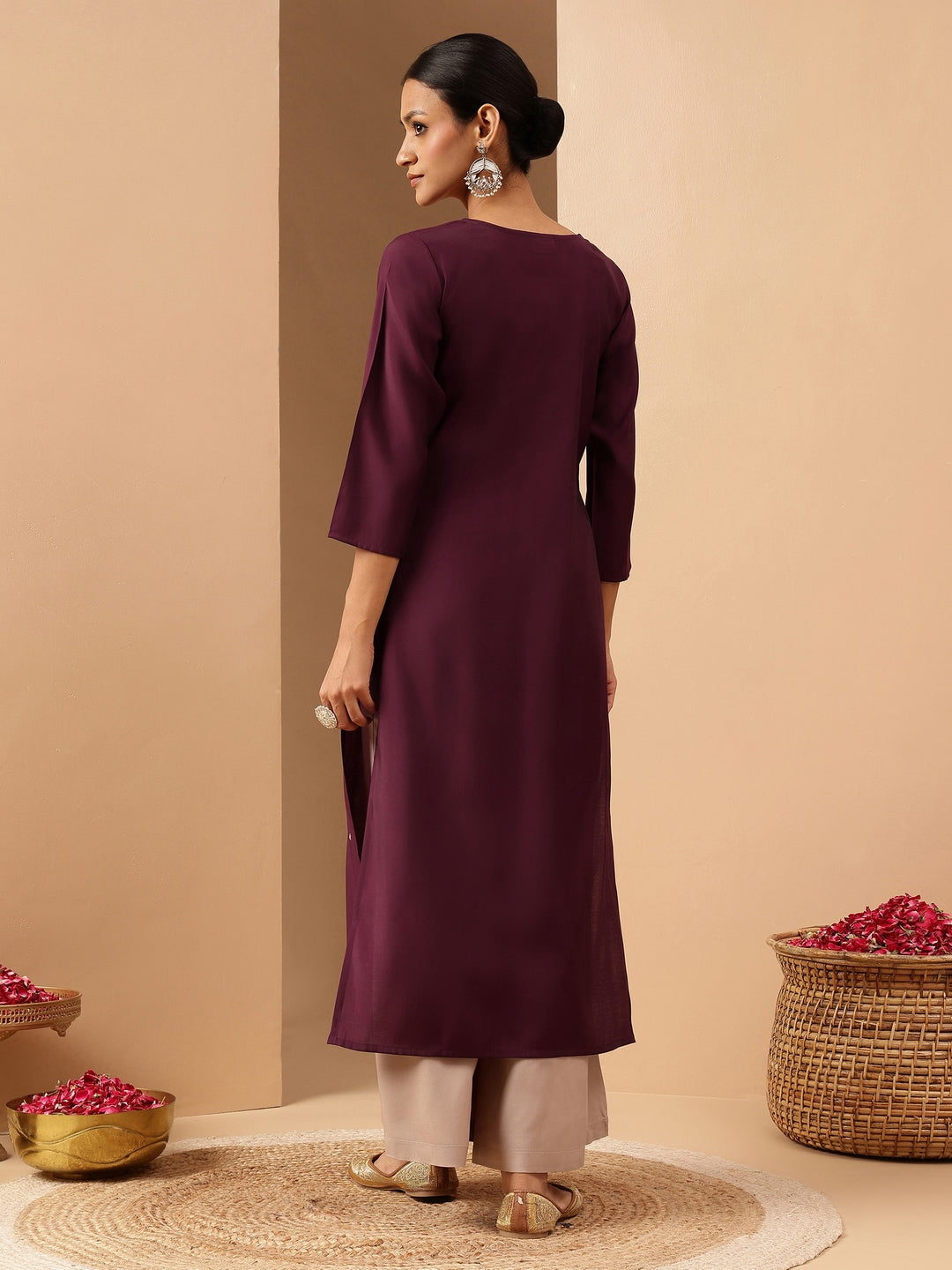 Janasya Women's Wine Chanderi Silk Embroidered Straight Kurta - qivii