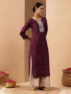 Janasya Women's Wine Chanderi Silk Embroidered Straight Kurta