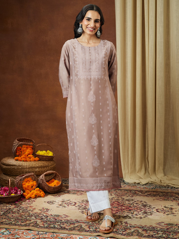 Janasya Women's Brown Silk Blend Ethnic Printed Straight Kurta Set