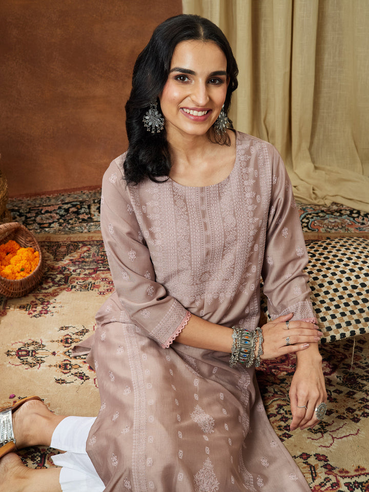 Janasya Women's Brown Silk Blend Ethnic Printed Straight Kurta Set