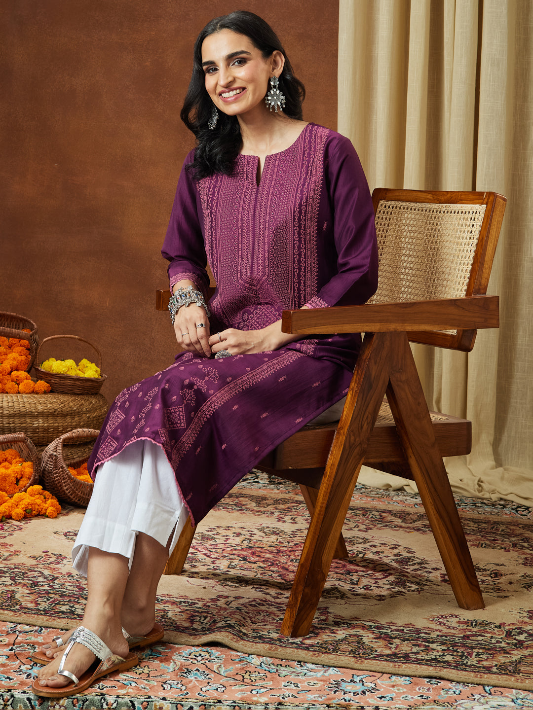 Janasya Women's Wine Silk Blend Ethnic Printed Straight Kurta