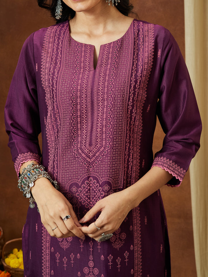 Janasya Women's Wine Silk Blend Ethnic Printed Straight Kurta