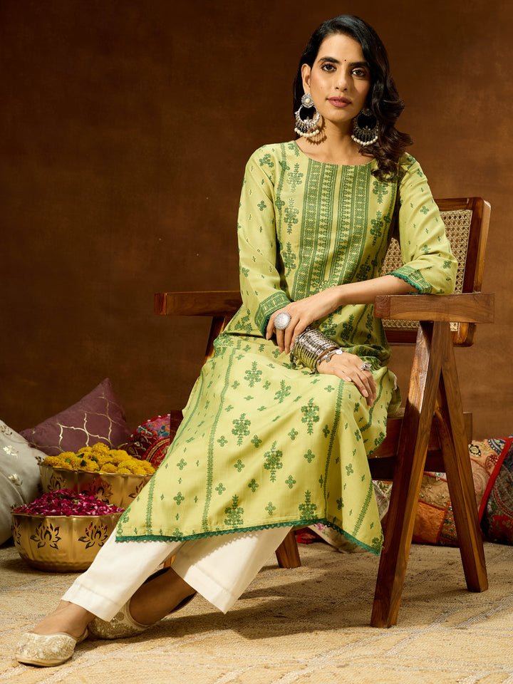 Janasya Women's Lime Green Silk Blend Ethnic Printed Straight Kurta