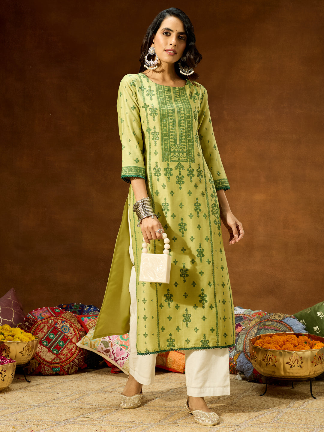 Janasya Women's Lime Green Silk Blend Ethnic Printed Straight Kurta