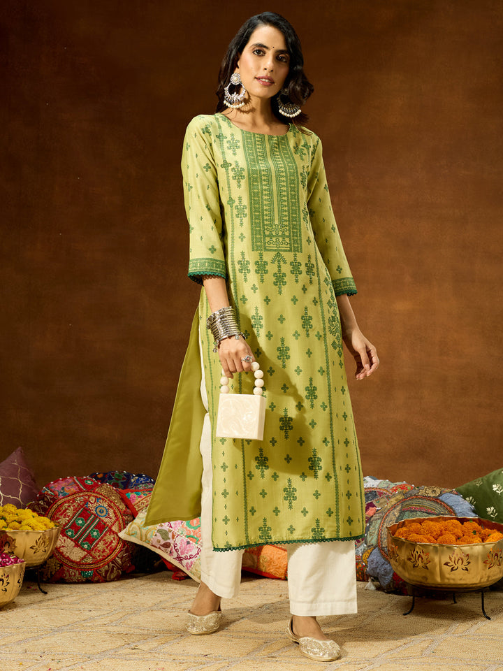 Janasya Women's Lime Green Silk Blend Ethnic Printed Straight Kurta