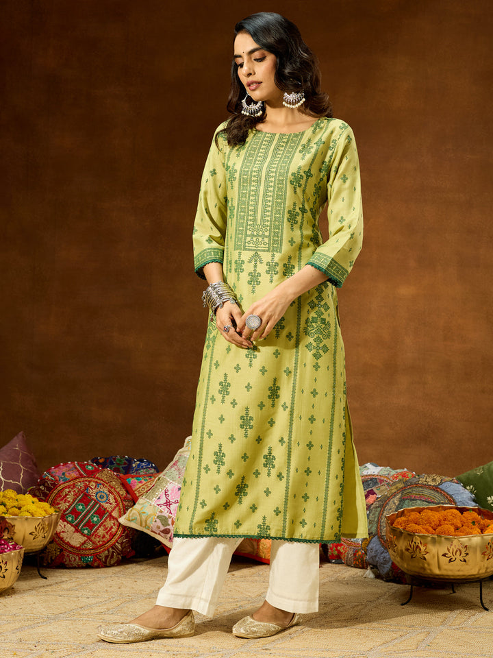 Janasya Women's Lime Green Silk Blend Ethnic Printed Straight Kurta