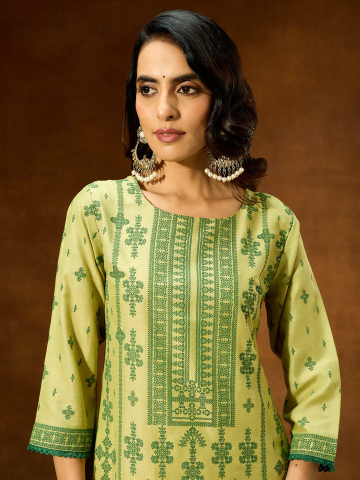 Janasya Women's Lime Green Silk Blend Ethnic Printed Straight Kurta
