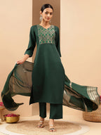 Janasya Women's Bottle Green Cotton Blend Yoke Design Straight Kurta Set