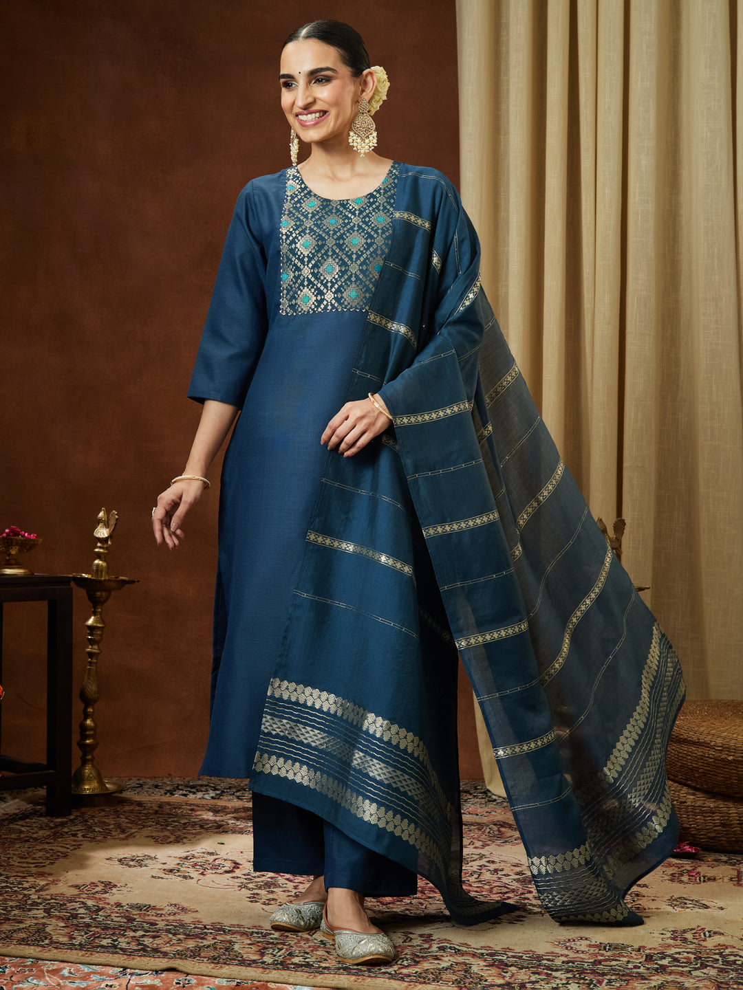 Janasya Women's Teal Blue Cotton Blend Yoke Design Straight Kurta Set - qivii
