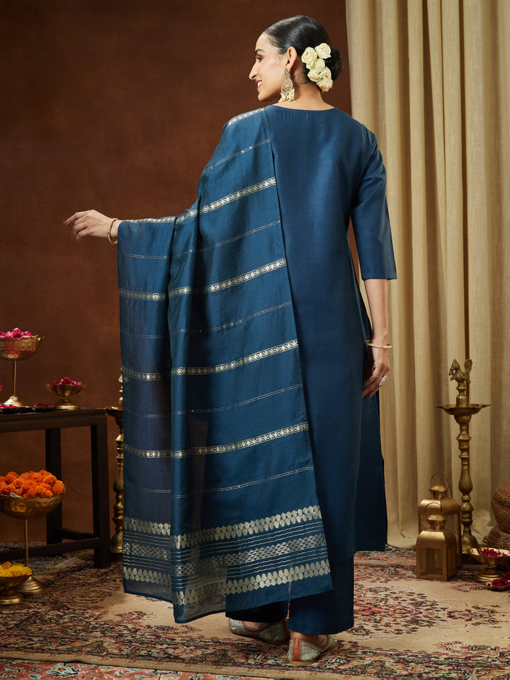 Janasya Women's Teal Blue Cotton Blend Yoke Design Straight Kurta Set - qivii