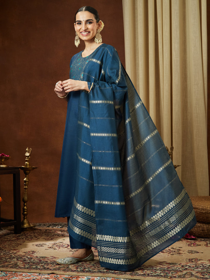 Janasya Women's Teal Blue Cotton Blend Yoke Design Straight Kurta Set - qivii