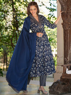 Navy Blue Pure Cotton Floral Printed A-line Kurta Pant With Dupatta Set