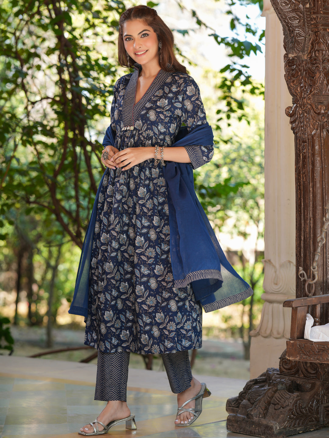 Navy Blue Pure Cotton Floral Printed A-line Kurta Pant With Dupatta Set