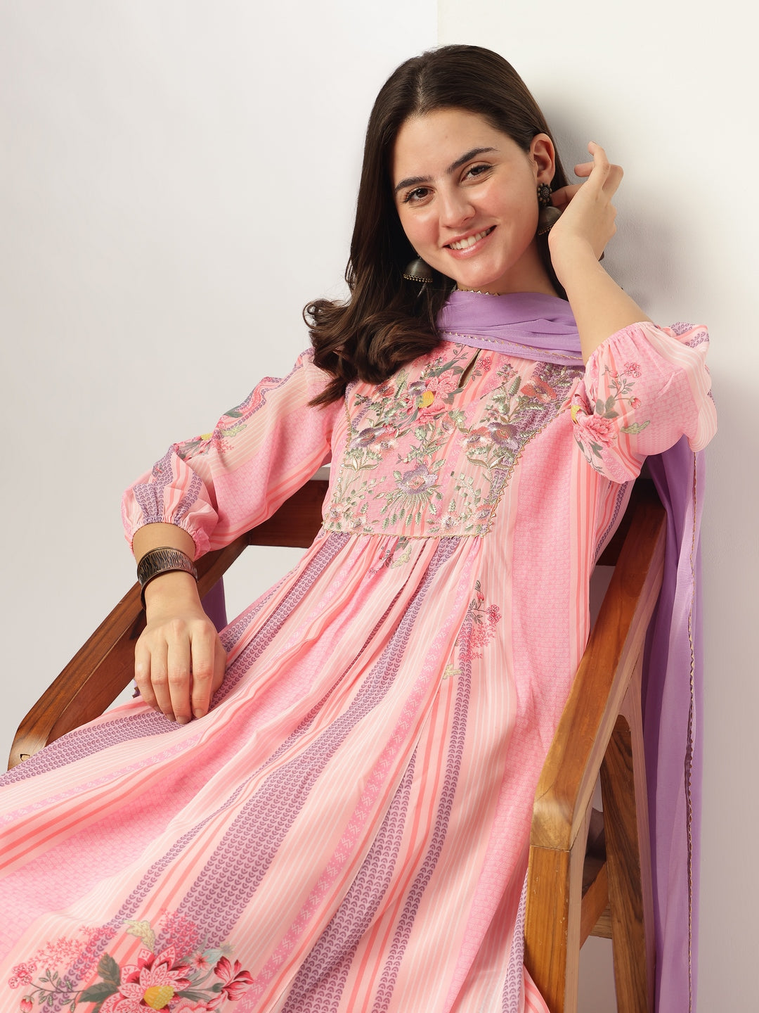 Pink Georgette Floral Embroidered A-line Kurta Set