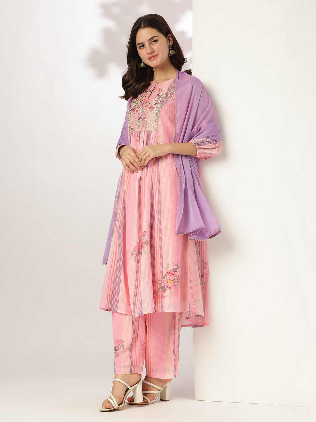 Pink Georgette Floral Embroidered A-line Kurta Set