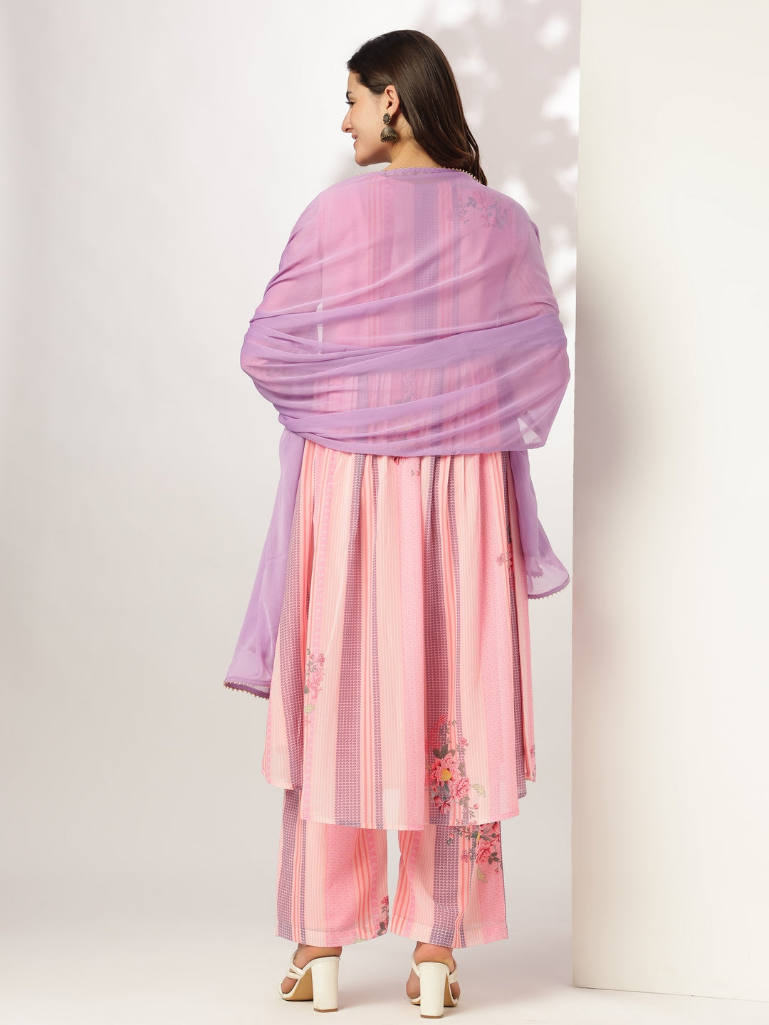 Pink Georgette Floral Embroidered A-line Kurta Set