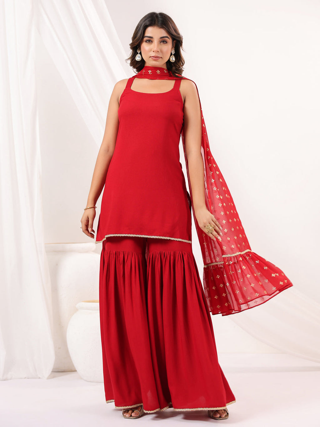 Janasya Women's Red Rayon Embellished Straight Kurti With Sharara & Dupatta Set