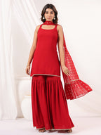 Janasya Women's Red Rayon Embellished Straight Kurti With Sharara & Dupatta Set