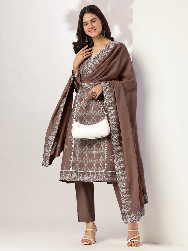 Janasya Women's Brown Pure Cotton Ethnic Motifs Printed A-line Kurta Set - qivii