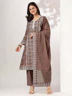 Janasya Women's Brown Pure Cotton Ethnic Motifs Printed A-line Kurta Set