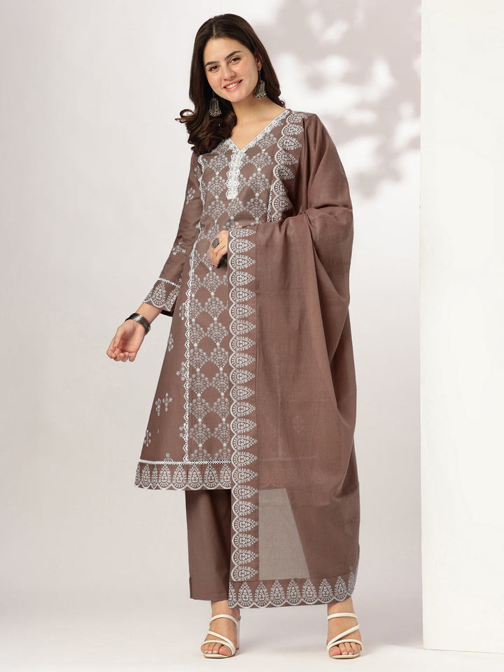 Janasya Women's Brown Pure Cotton Ethnic Motifs Printed A-line Kurta Set - qivii