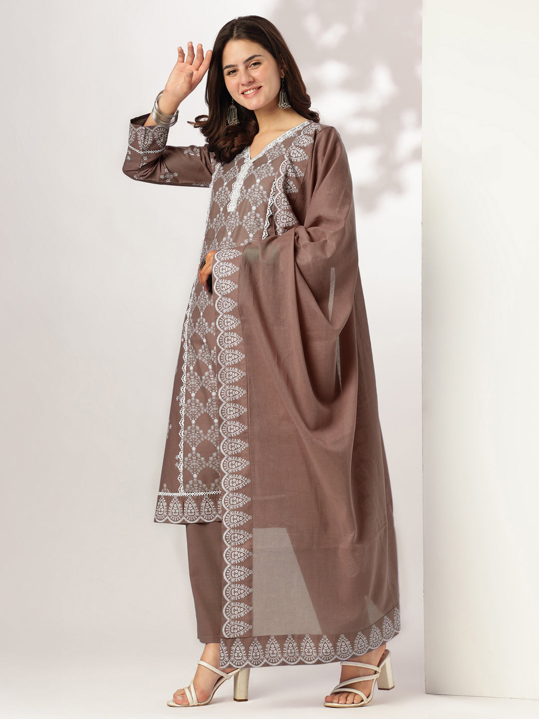 Janasya Women's Brown Pure Cotton Ethnic Motifs Printed A-line Kurta Set - qivii