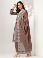 Janasya Women's Brown Pure Cotton Ethnic Motifs Printed A-line Kurta Set