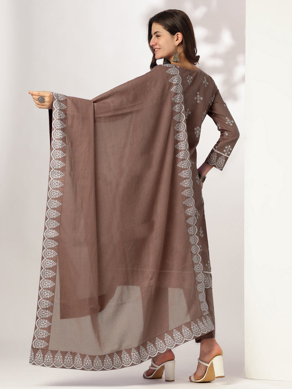 Janasya Women's Brown Pure Cotton Ethnic Motifs Printed A-line Kurta Set