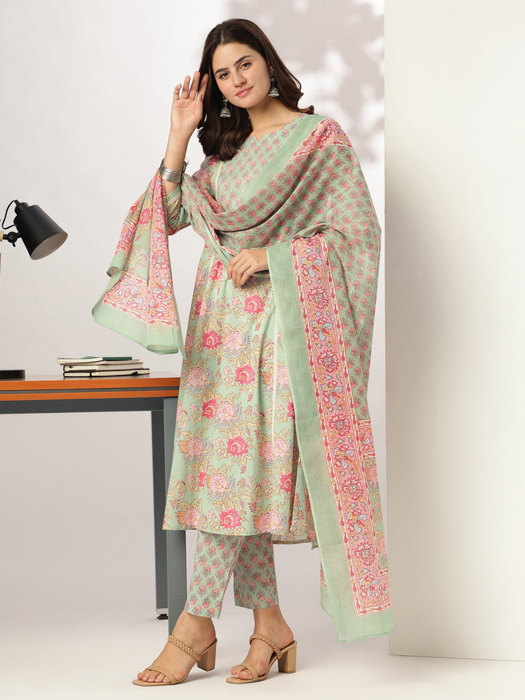 Aqua Pure Cotton Floral Printed A-line Kurta Set
