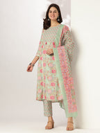 Aqua Pure Cotton Floral Printed A-line Kurta Set