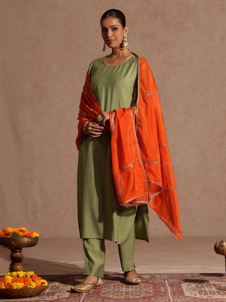 Janasya Women's Sage Green Silk Blend Embellished Straight Kurta Set - qivii