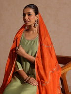 Janasya Women's Sage Green Silk Blend Embellished Straight Kurta Set