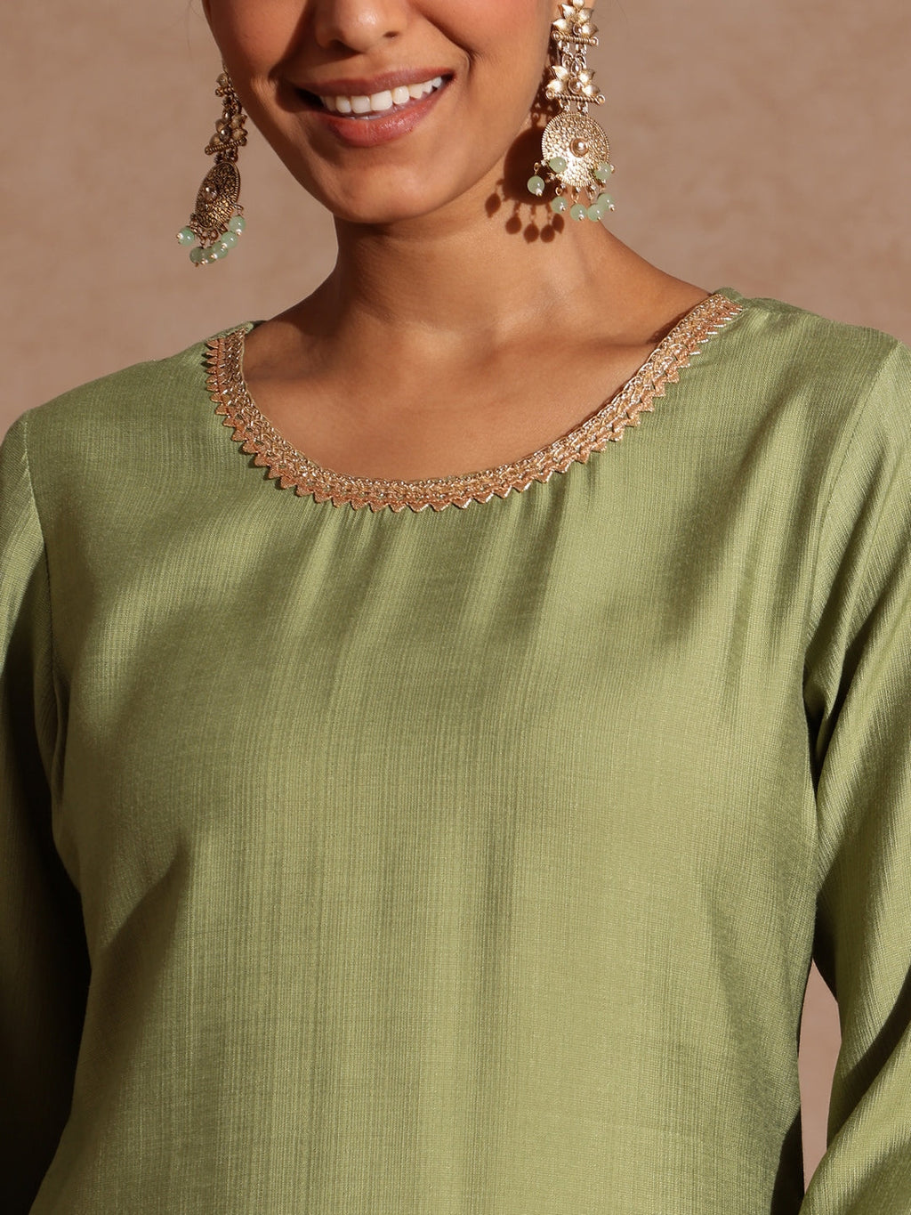 Janasya Women's Sage Green Silk Blend Embellished Straight Kurta Set