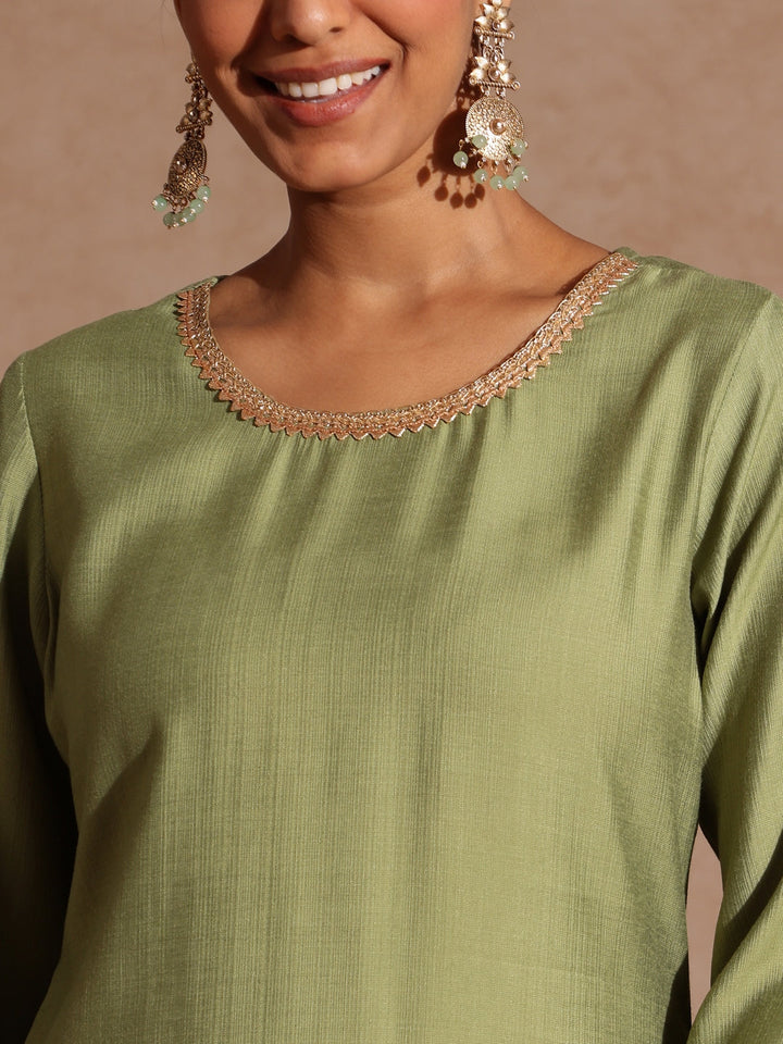 Janasya Women's Sage Green Silk Blend Embellished Straight Kurta Set - qivii