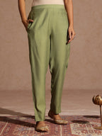 Janasya Women's Sage Green Silk Blend Embellished Straight Kurta Set