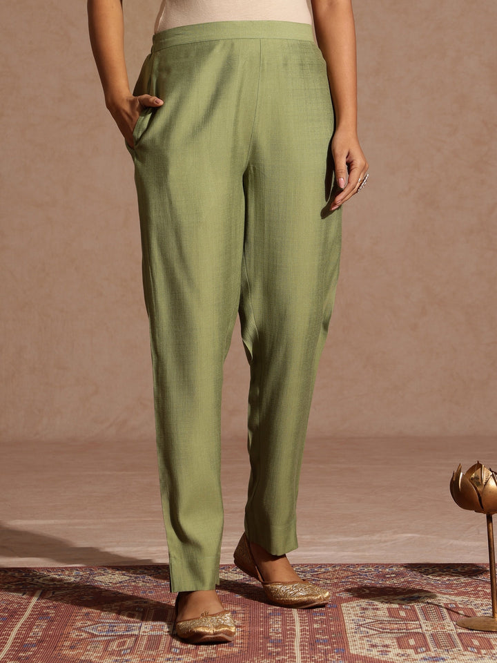 Janasya Women's Sage Green Silk Blend Embellished Straight Kurta Set - qivii