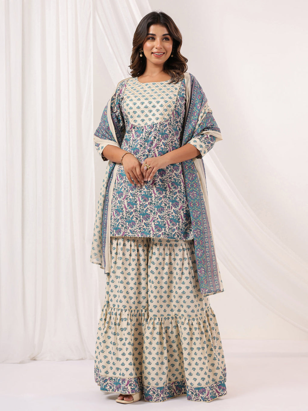 Janasya Women's Cream Pure Cotton Floral Printed Yoke Design Straight Kurta With Sharara & Dupatta Set