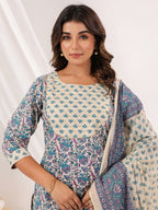 Janasya Women's Cream Pure Cotton Floral Printed Yoke Design Straight Kurta With Sharara & Dupatta Set