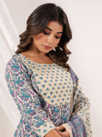 Janasya Women's Cream Pure Cotton Floral Printed Yoke Design Straight Kurta With Sharara & Dupatta Set